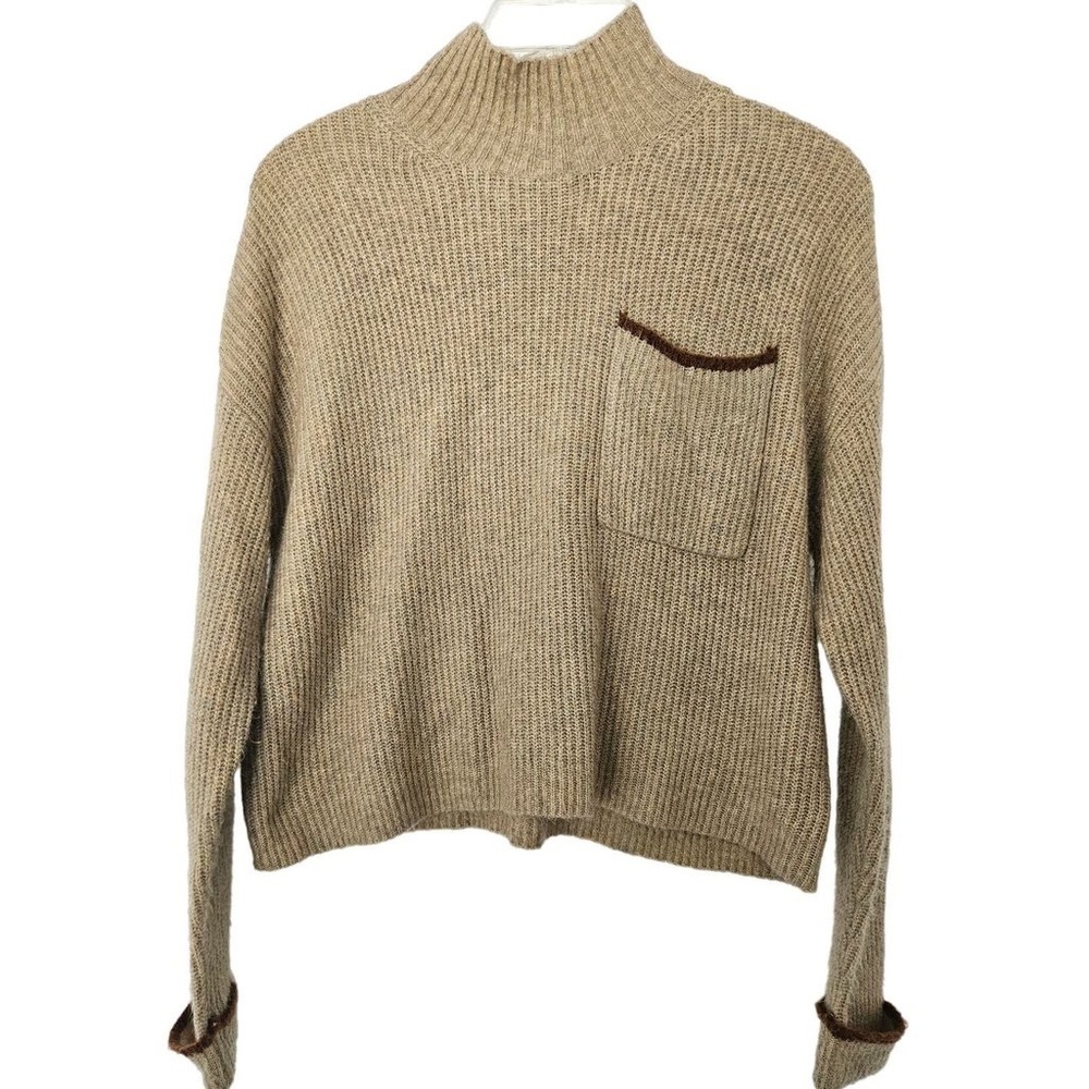 American Eagle Tan Mock Neck Knit Sweater sz x Small Pocket Basic Casual